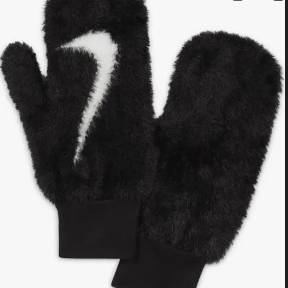 Black Fuzzy Mittens with White Swoosh